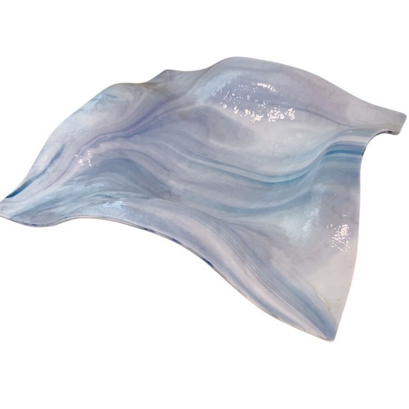 Blue Swirled Art Glass Trinkets Dish‎ Bowl 9.5"x9.5"x2" - Picture 2 of 9
